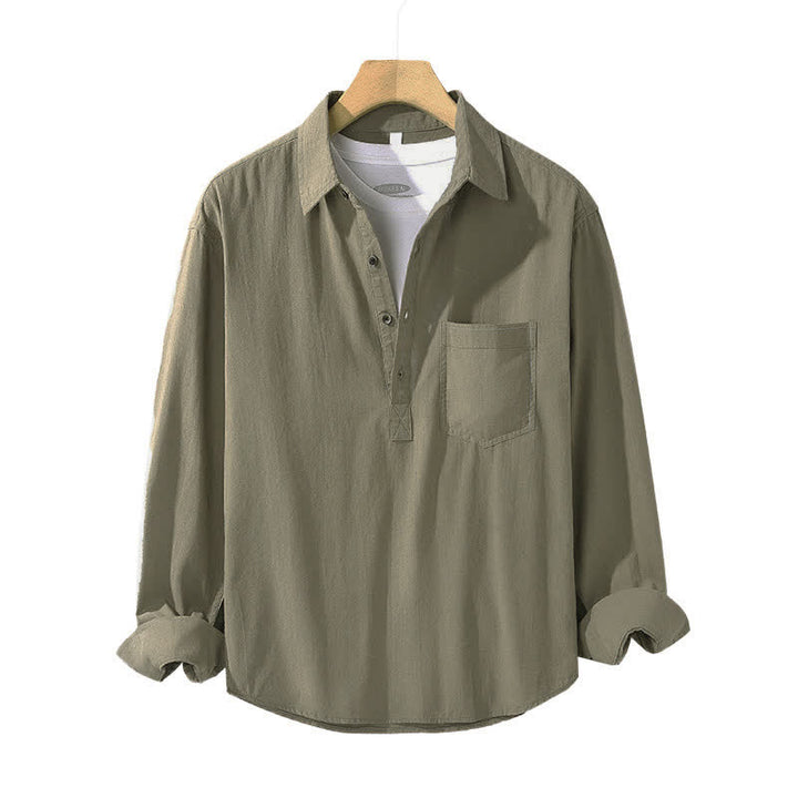 Buddha Stones Camicia da uomo a maniche lunghe in cotone tinta unita, casual, con bottoni e taschino applicato, ideale per primavera e autunno. - image 2