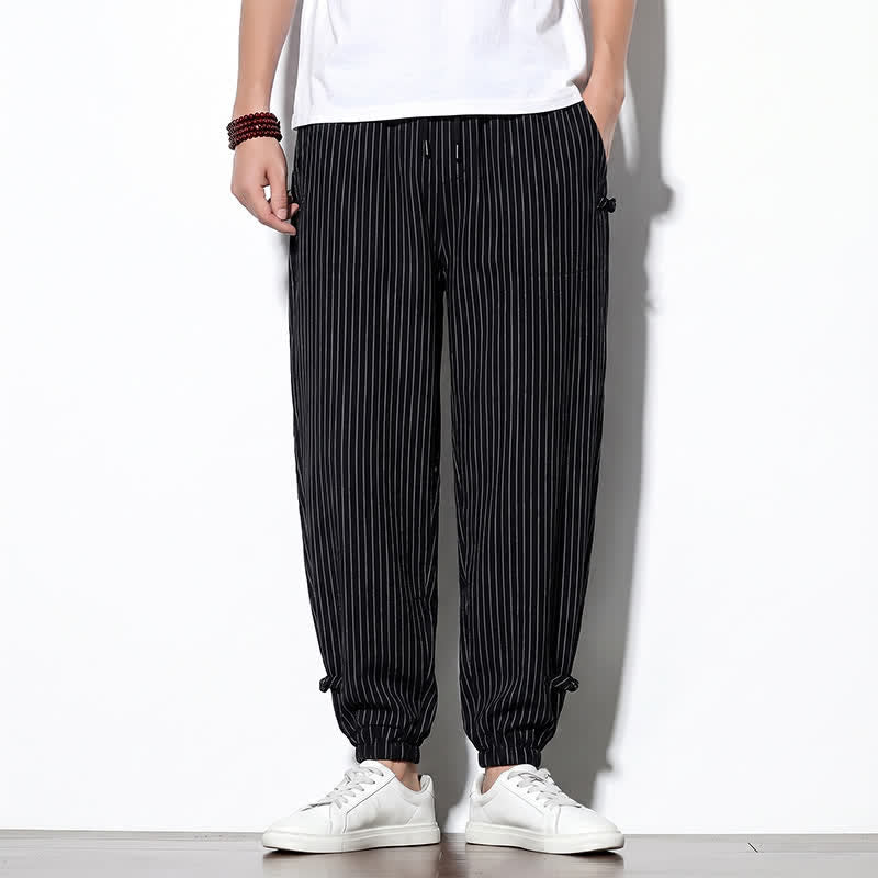 Buddha Stones Pantaloni corti a righe con coulisse, modello basic primavera/estate, da uomo, affusolati e con tasche. - Nero - US/UK/AU46, EU56 (5XL) - image 22