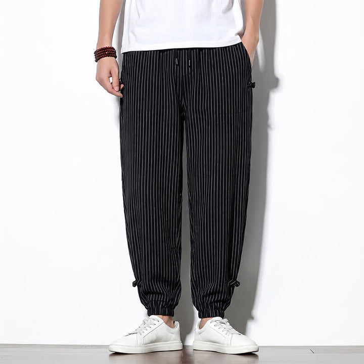 Buddha Stones Pantaloni corti a righe con coulisse, modello basic primavera/estate, da uomo, affusolati e con tasche. - Nero - US/UK/AU46, EU56 (5XL) - image 22