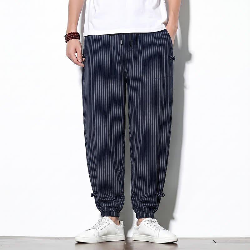 Buddha Stones Pantaloni corti a righe con coulisse, modello basic primavera/estate, da uomo, affusolati e con tasche. - Blu notte - US/UK/AU46, EU56 (5XL) - image 0