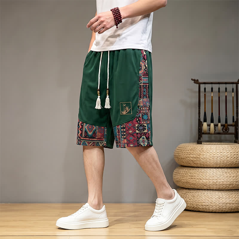 Buddha Stones Pantaloncini da uomo estivi in ​​stile boho con coulisse in vita elasticizzata e finiture geometriche, con tasche. - Verde studentesco - US/UK/AU46, EU56 (5XL) - image 0
