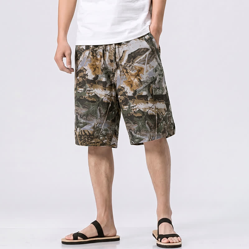 Buddha Stones Pantaloncini da uomo estivi casual sportivi con coulisse, stampa mimetica a foglie, in cotone ramie e tasche. - Grigio - US/UK/AU44, EU54 (4XL) - image 0