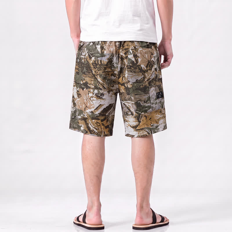 Buddha Stones Pantaloncini da uomo estivi casual sportivi con coulisse, stampa mimetica a foglie, in cotone ramie e tasche. - image 1