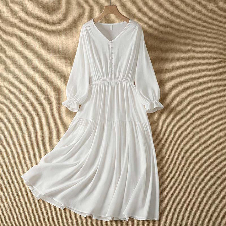 Buddha Stones Abito primaverile boho da donna a maniche lunghe con bottoni e tasca - Bianco - US8-10, UK/AU12-14, EU40-42 (2XL) - image 0