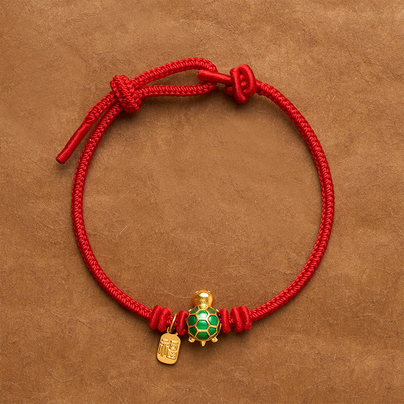 Buddha Stones Braccialetto portafortuna con tartaruga e cordino rosso, personaggio Fu. - Rosso - 6,7–7,5 pollici/17–19 cm - Personaggio Square Fu - image 1