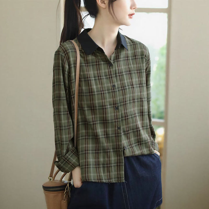 Buddha Stones Camicia da donna a maniche lunghe, stile vintage, con bottoni, colletto a contrasto e fantasia a quadri, ideale per l'autunno. - image 9