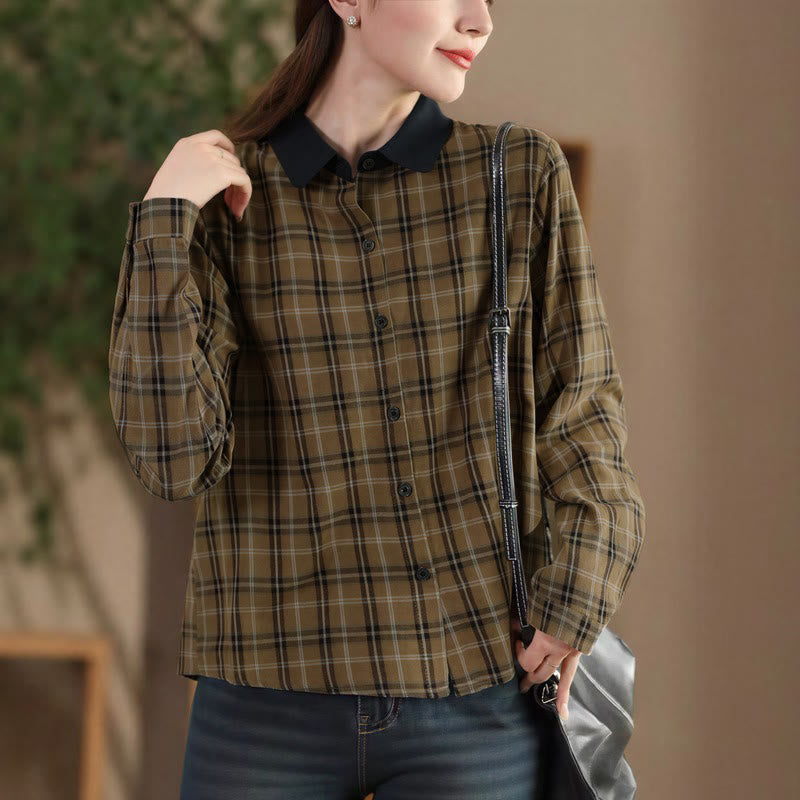 Buddha Stones Camicia da donna a maniche lunghe, stile vintage, con bottoni, colletto a contrasto e fantasia a quadri, ideale per l'autunno. - Cachi scuro - US8-10, UK/AU12-14, EU40-42 (2XL) - image 0