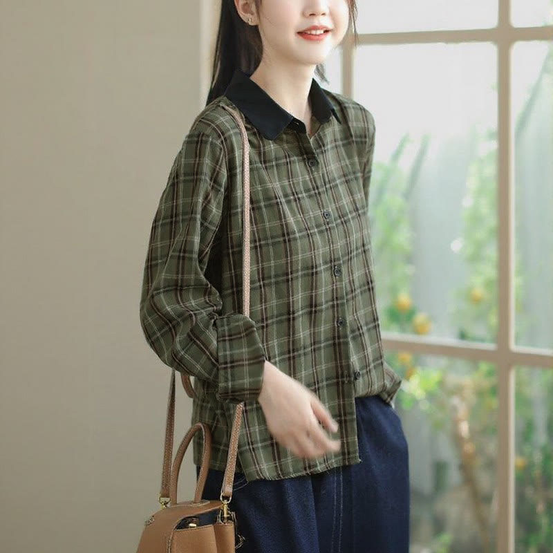 Buddha Stones Camicia da donna a maniche lunghe, stile vintage, con bottoni, colletto a contrasto e fantasia a quadri, ideale per l'autunno. - image 10