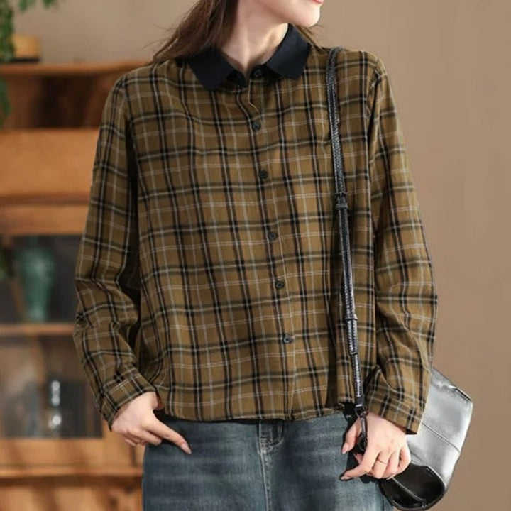 Buddha Stones Camicia da donna a maniche lunghe, stile vintage, con bottoni, colletto a contrasto e fantasia a quadri, ideale per l'autunno. - image 1