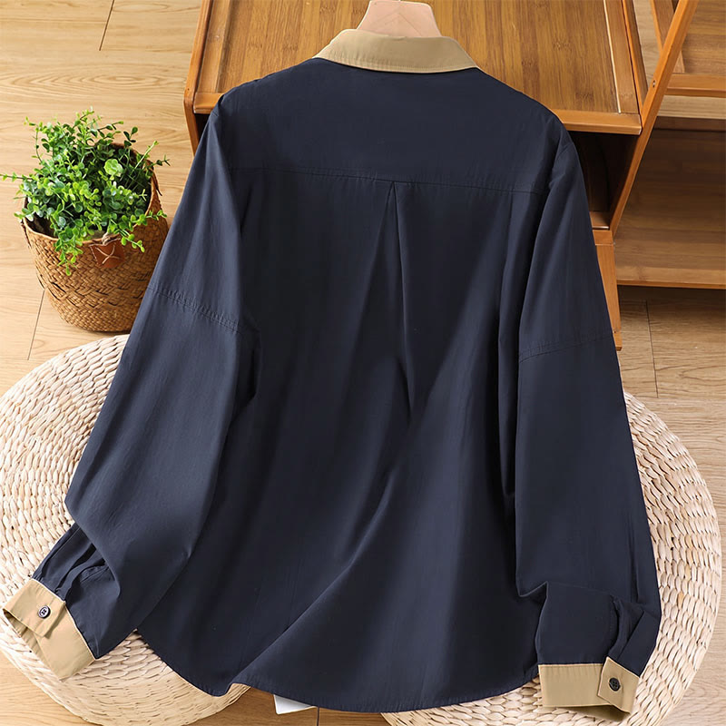 Buddha Stones Camicia da donna estiva casual minimalista a maniche lunghe con bordi a contrasto e tasca applicata. - image 1