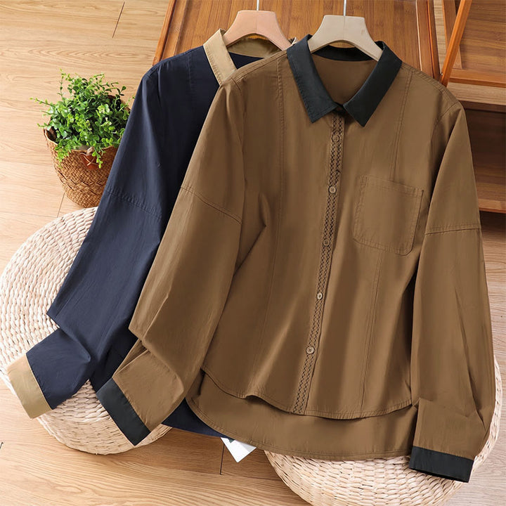 Buddha Stones Camicia da donna estiva casual minimalista a maniche lunghe con bordi a contrasto e tasca applicata. - image 19
