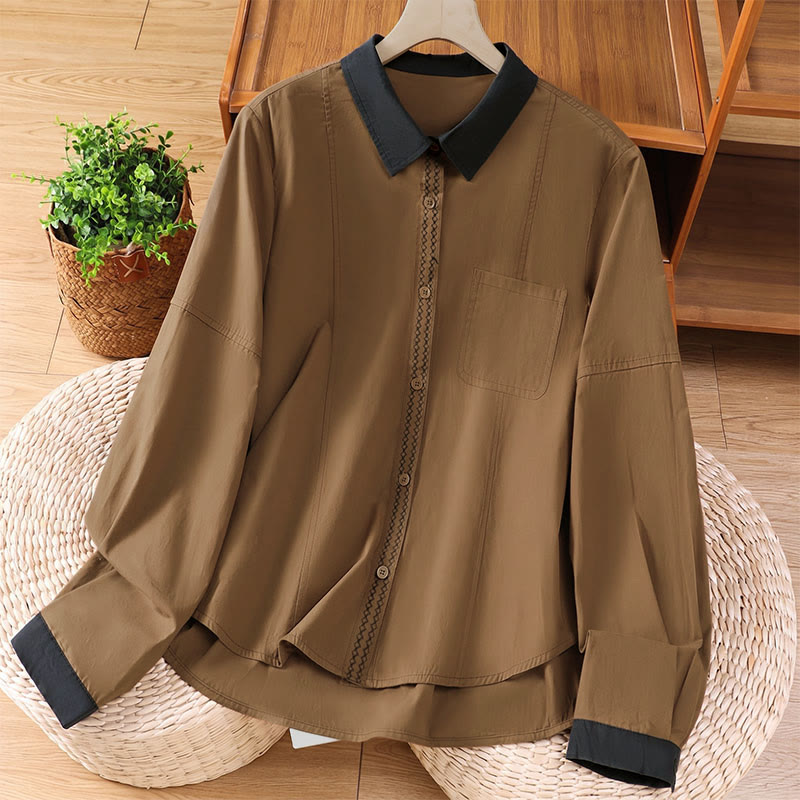 Buddha Stones Camicia da donna estiva casual minimalista a maniche lunghe con bordi a contrasto e tasca applicata. - Perù - US8-10, UK/AU12-14, EU40-42 (2XL) - image 9