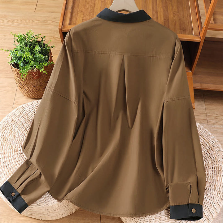 Buddha Stones Camicia da donna estiva casual minimalista a maniche lunghe con bordi a contrasto e tasca applicata. - image 10