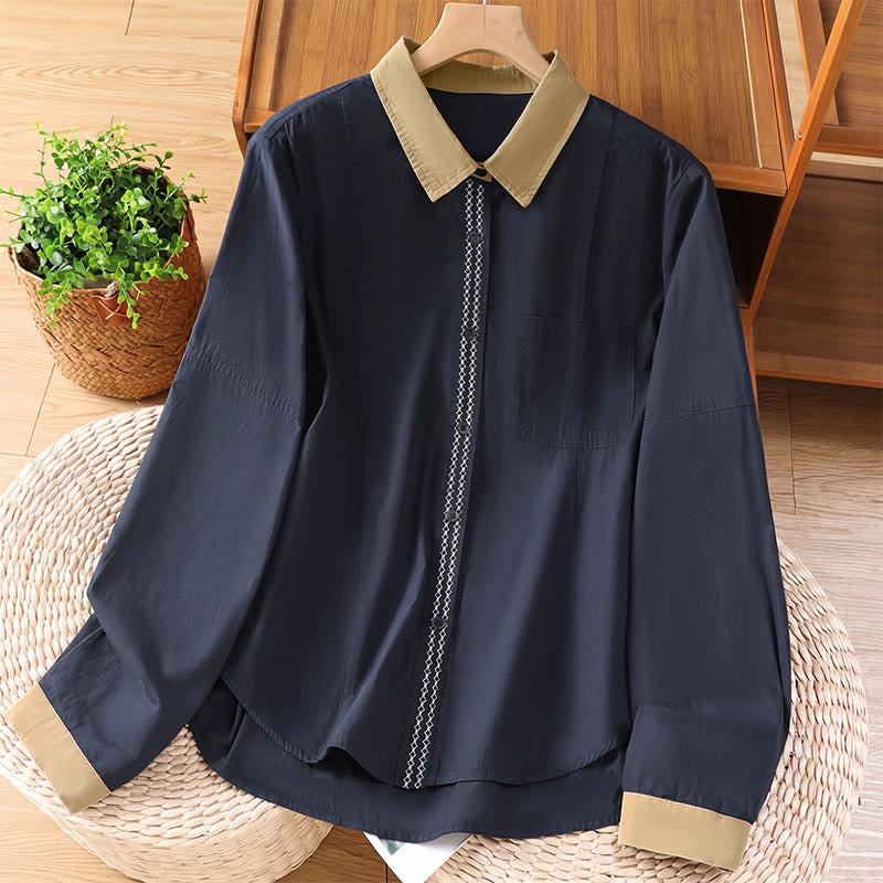 Buddha Stones Camicia da donna estiva casual minimalista a maniche lunghe con bordi a contrasto e tasca applicata. - Blu mezzanotte - US8-10, UK/AU12-14, EU40-42 (2XL) - image 0