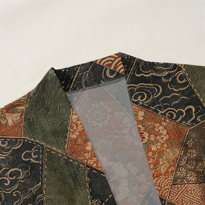 Buddha Stones Kimono da uomo in cotone stile vintage con motivo a onde e patchwork, aperto sul davanti. - image 3