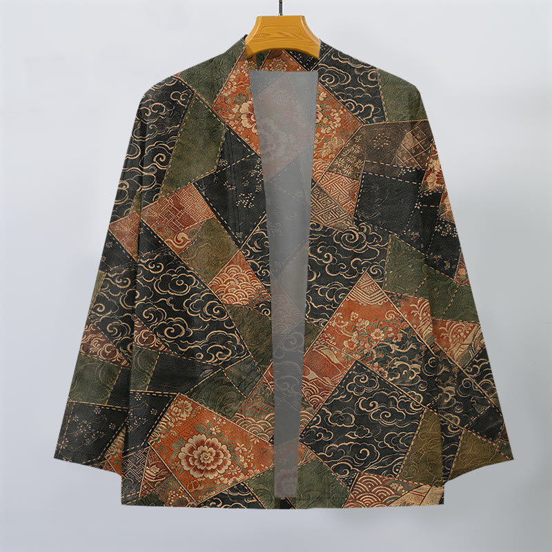 Buddha Stones Kimono da uomo in cotone stile vintage con motivo a onde e patchwork, aperto sul davanti. - image 1