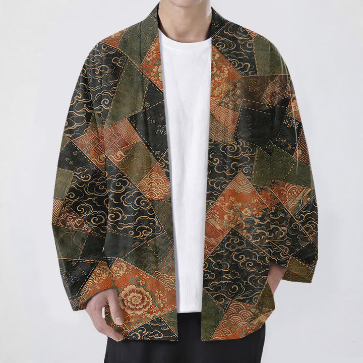 Buddha Stones Kimono da uomo in cotone stile vintage con motivo a onde e patchwork, aperto sul davanti. - Nero - US/UK/AU48, EU58 (4XL) - image 0