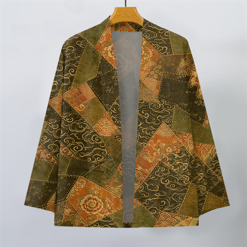 Buddha Stones Kimono da uomo in cotone stile vintage con motivo a onde e patchwork, aperto sul davanti. - image 7