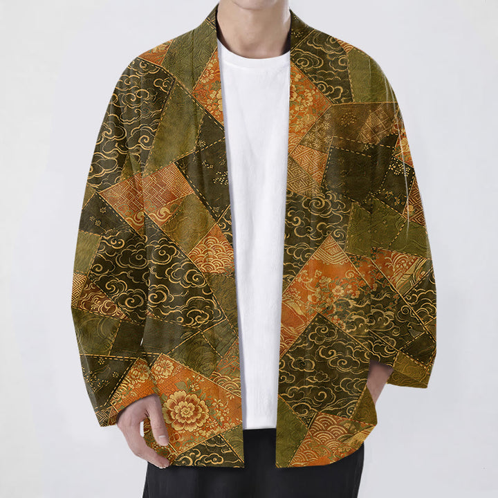 Buddha Stones Kimono da uomo in cotone stile vintage con motivo a onde e patchwork, aperto sul davanti. - Verde oliva scuro - US/UK/AU48, EU58 (4XL) - image 6