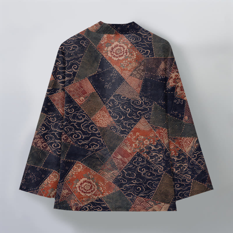 Buddha Stones Kimono da uomo in cotone stile vintage con motivo a onde e patchwork, aperto sul davanti. - image 11