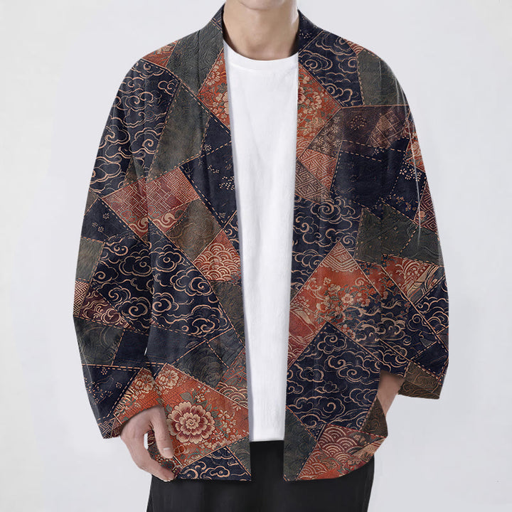 Buddha Stones Kimono da uomo in cotone stile vintage con motivo a onde e patchwork, aperto sul davanti. - Marina - US/UK/AU48, EU58 (4XL) - image 9
