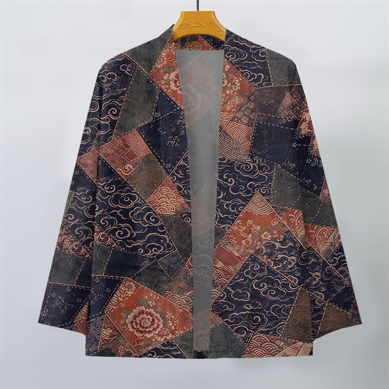 Buddha Stones Kimono da uomo in cotone stile vintage con motivo a onde e patchwork, aperto sul davanti. - image 10