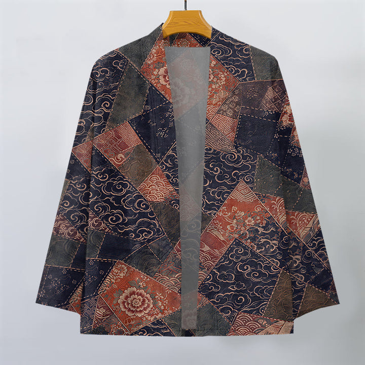 Buddha Stones Kimono da uomo in cotone stile vintage con motivo a onde e patchwork, aperto sul davanti. - image 10