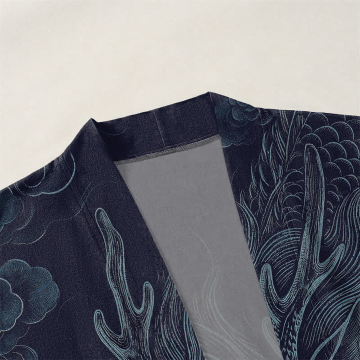 Buddha Stones Kimono da uomo in cotone con motivo antico drago e nebbia, aperto sul davanti. - image 3