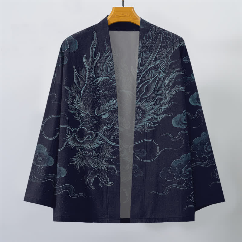 Buddha Stones Kimono da uomo in cotone con motivo antico drago e nebbia, aperto sul davanti. - image 1