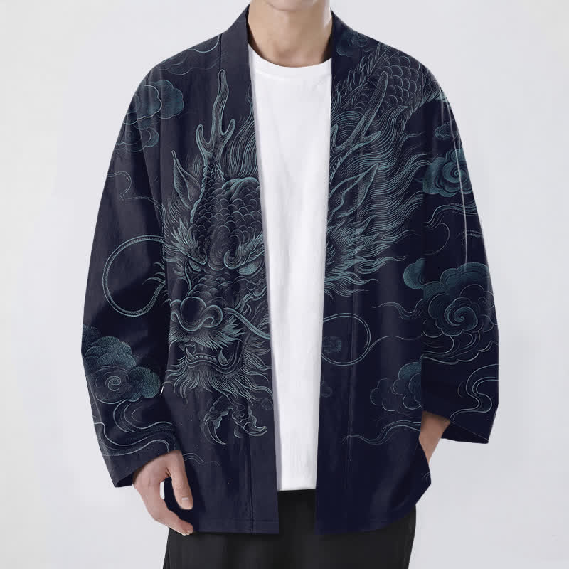 Buddha Stones Kimono da uomo in cotone con motivo antico drago e nebbia, aperto sul davanti. - Marina - US/UK/AU48, EU58 (4XL) - image 0