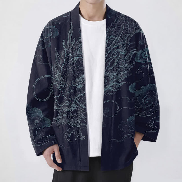 Buddha Stones Kimono da uomo in cotone con motivo antico drago e nebbia, aperto sul davanti. - Marina - US/UK/AU48, EU58 (4XL) - image 0