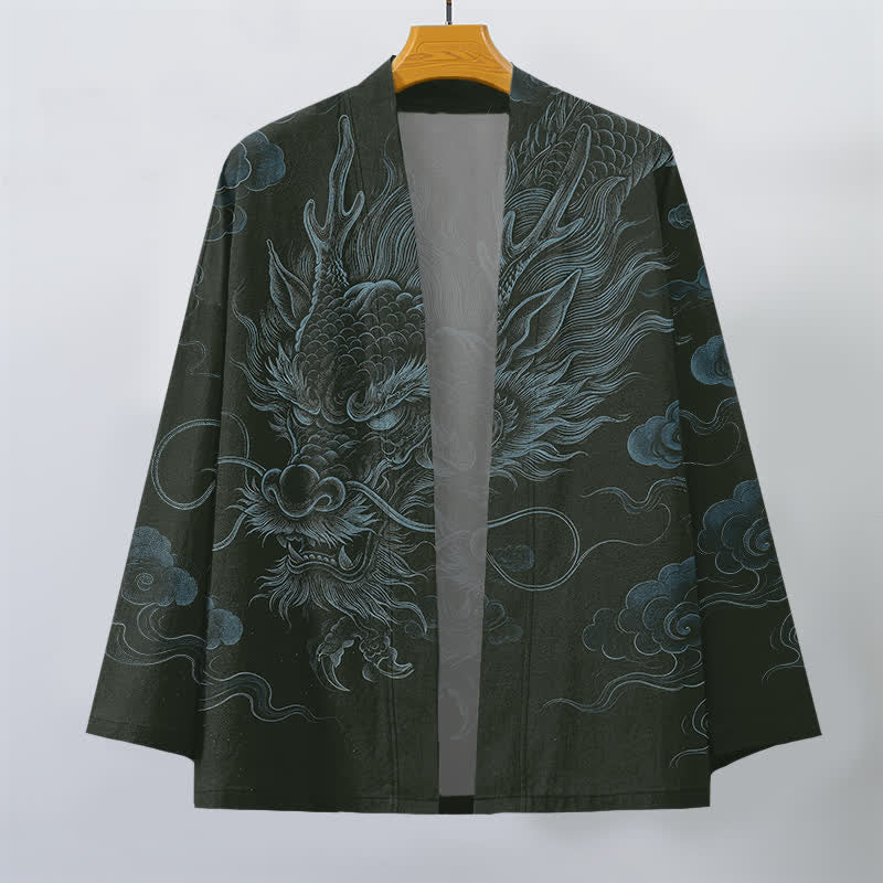 Buddha Stones Kimono da uomo in cotone con motivo antico drago e nebbia, aperto sul davanti. - image 7