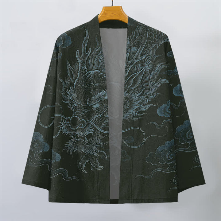 Buddha Stones Kimono da uomo in cotone con motivo antico drago e nebbia, aperto sul davanti. - image 7