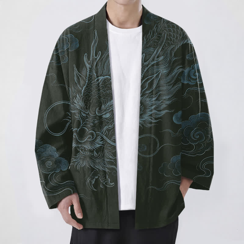 Buddha Stones Kimono da uomo in cotone con motivo antico drago e nebbia, aperto sul davanti. - Verde scuro - US/UK/AU48, EU58 (4XL) - image 6