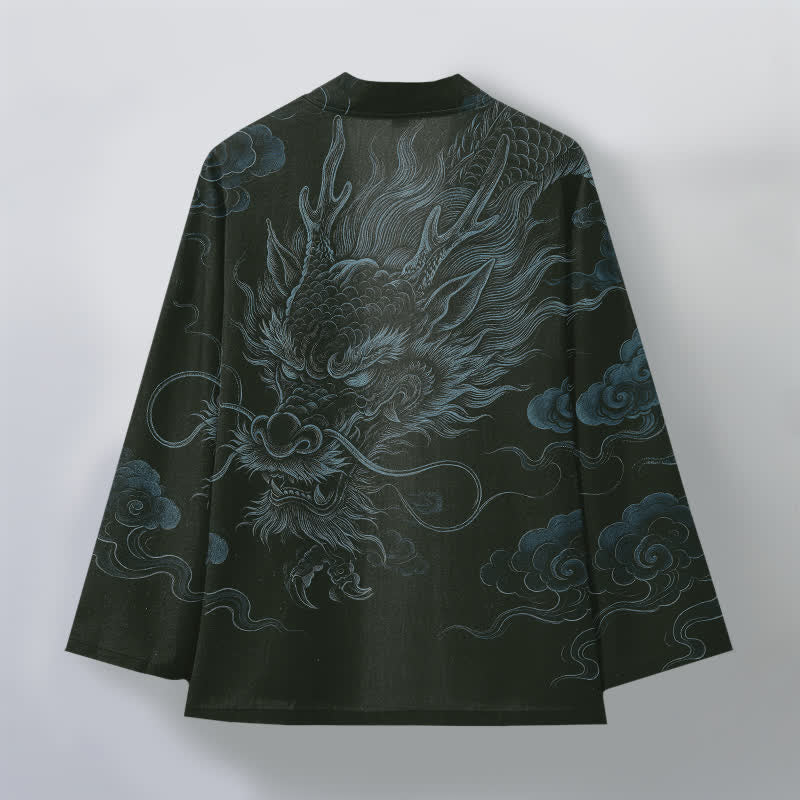 Buddha Stones Kimono da uomo in cotone con motivo antico drago e nebbia, aperto sul davanti. - image 8