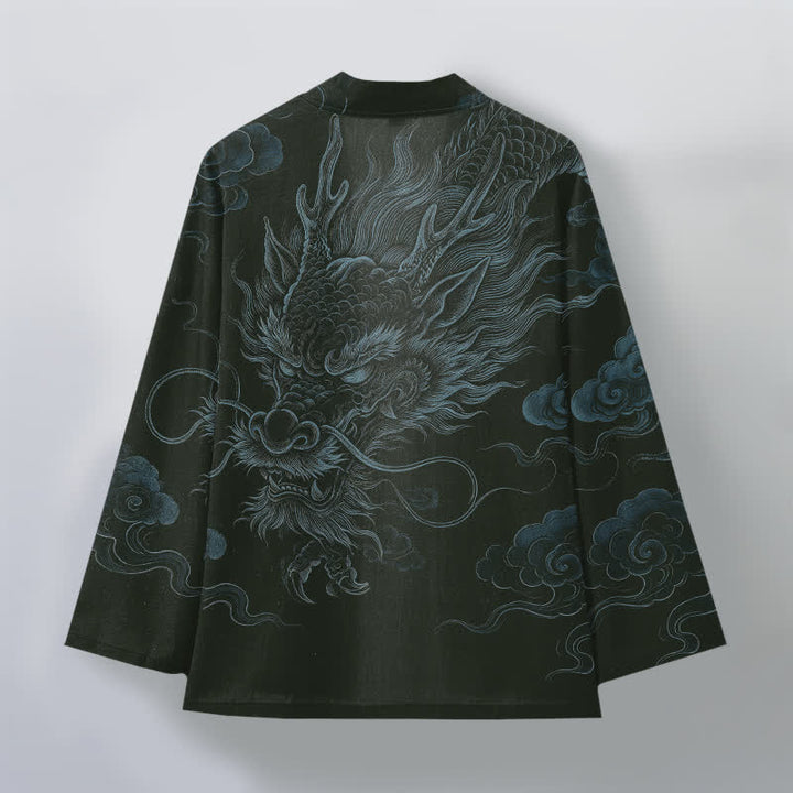 Buddha Stones Kimono da uomo in cotone con motivo antico drago e nebbia, aperto sul davanti. - image 8