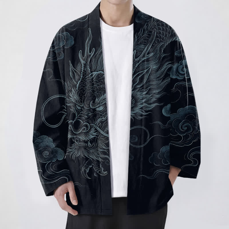 Buddha Stones Kimono da uomo in cotone con motivo antico drago e nebbia, aperto sul davanti. - Nero - US/UK/AU48, EU58 (4XL) - image 9