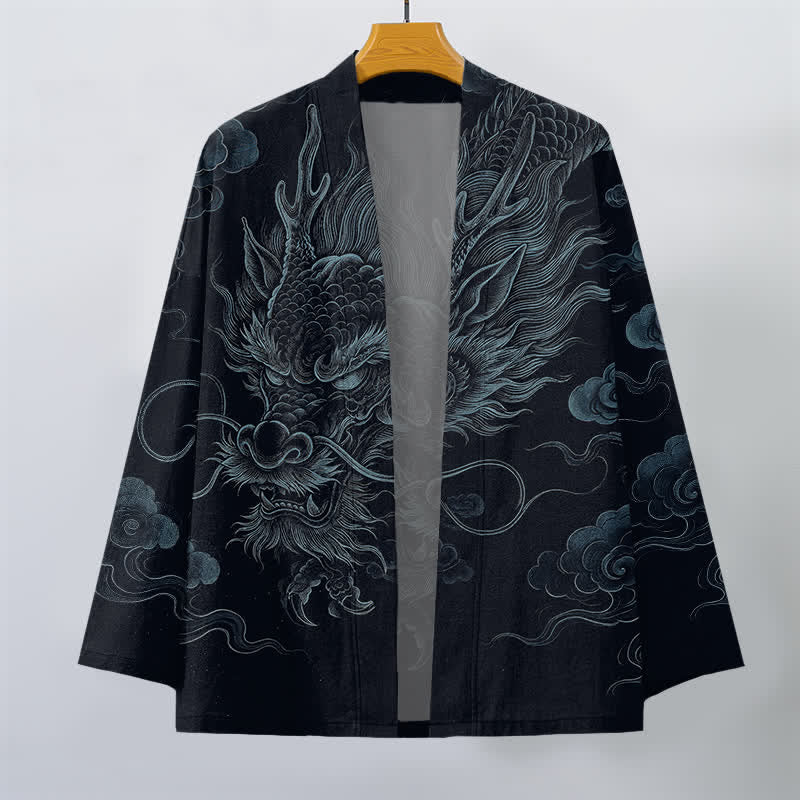 Buddha Stones Kimono da uomo in cotone con motivo antico drago e nebbia, aperto sul davanti. - image 10
