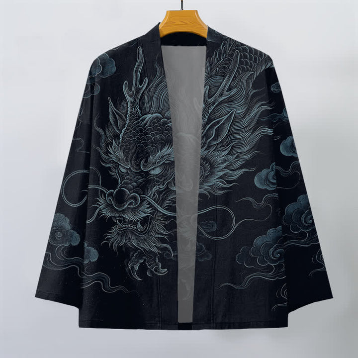 Buddha Stones Kimono da uomo in cotone con motivo antico drago e nebbia, aperto sul davanti. - image 10