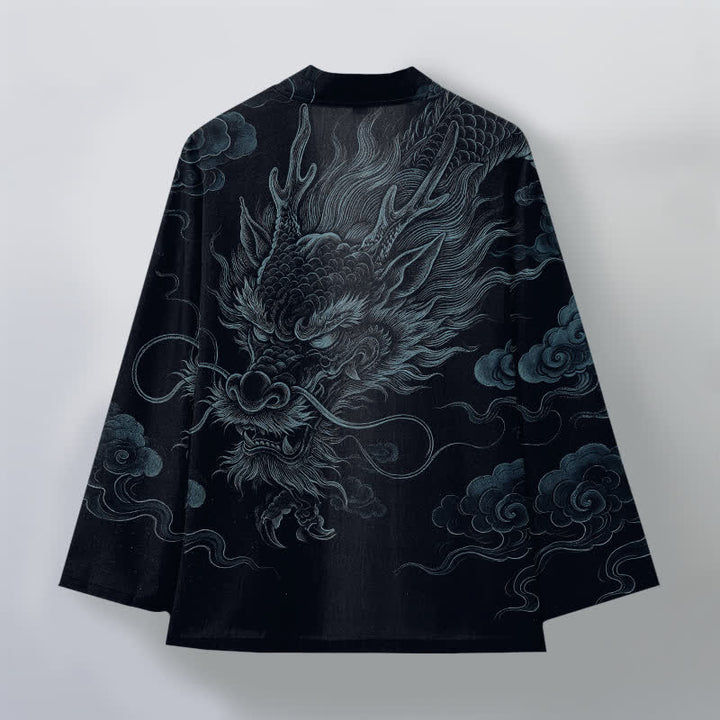 Buddha Stones Kimono da uomo in cotone con motivo antico drago e nebbia, aperto sul davanti. - image 11