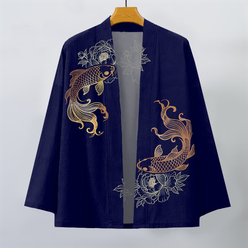 Buddha Stones Kimono da uomo in cotone con stampa a fiori di carpa koi e apertura frontale. - image 1