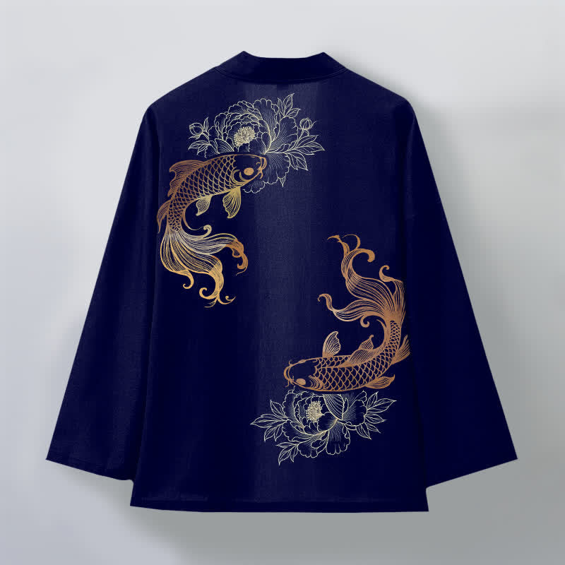 Buddha Stones Kimono da uomo in cotone con stampa a fiori di carpa koi e apertura frontale. - image 2
