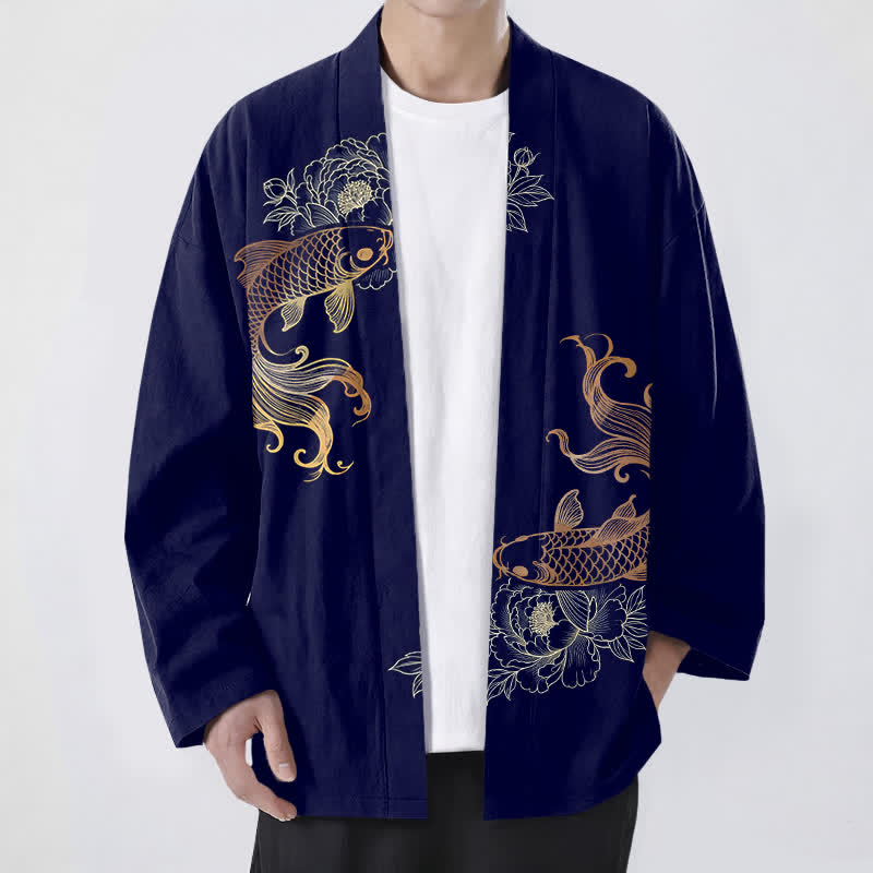 Buddha Stones Kimono da uomo in cotone con stampa a fiori di carpa koi e apertura frontale. - Marina - US/UK/AU48, EU58 (4XL) - image 0