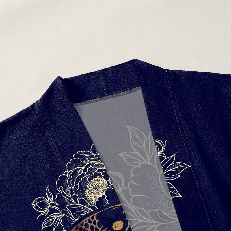 Buddha Stones Kimono da uomo in cotone con stampa a fiori di carpa koi e apertura frontale. - image 3