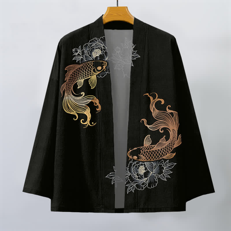 Buddha Stones Kimono da uomo in cotone con stampa a fiori di carpa koi e apertura frontale. - image 7