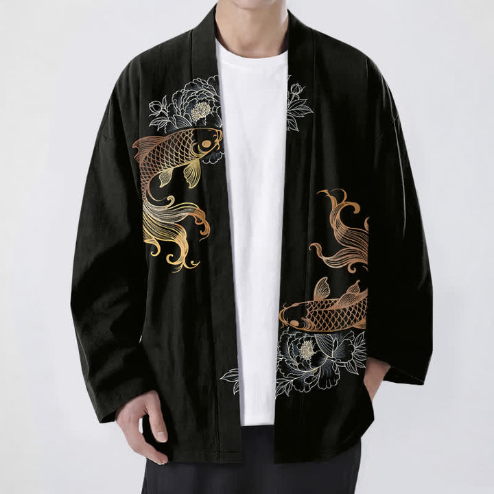 Buddha Stones Kimono da uomo in cotone con stampa a fiori di carpa koi e apertura frontale. - Nero - US/UK/AU48, EU58 (4XL) - image 6
