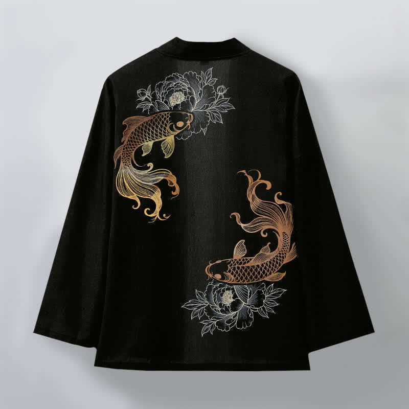 Buddha Stones Kimono da uomo in cotone con stampa a fiori di carpa koi e apertura frontale. - image 8