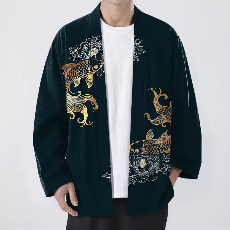 Buddha Stones Kimono da uomo in cotone con stampa a fiori di carpa koi e apertura frontale. - Grigio ardesia scuro - US/UK/AU48, EU58 (4XL) - image 9