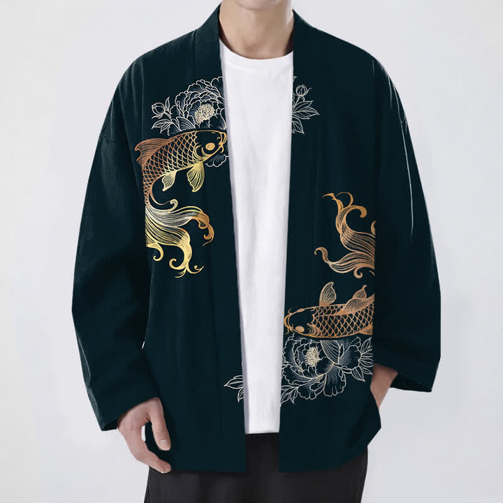 Buddha Stones Kimono da uomo in cotone con stampa a fiori di carpa koi e apertura frontale. - Grigio ardesia scuro - US/UK/AU48, EU58 (4XL) - image 9