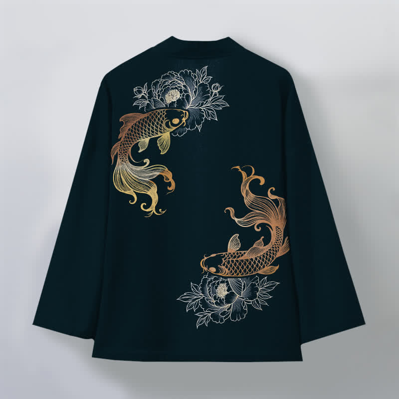 Buddha Stones Kimono da uomo in cotone con stampa a fiori di carpa koi e apertura frontale. - image 11